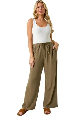 Roman Khaki Petite Linen Mix Wide Leg Trouser