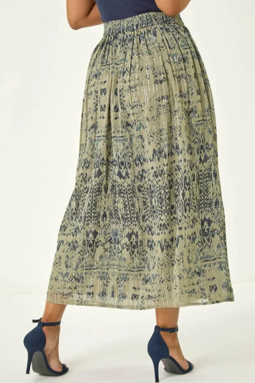Roman Khaki Petite Metallic Print Tie Front Skirt