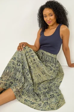 Roman Khaki Petite Metallic Print Tie Front Skirt