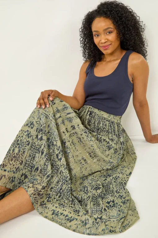 Roman Khaki Petite Metallic Print Tie Front Skirt