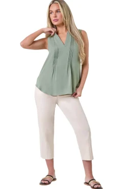 Roman Khaki Petite Sleeveless Pleat Detail Top