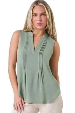 Roman Khaki Petite Sleeveless Pleat Detail Top