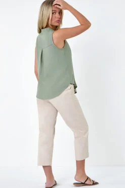 Roman Khaki Petite Sleeveless Pleat Detail Top