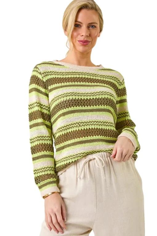 Roman Khaki Petite Stripe Print Stretch Knit Jumper