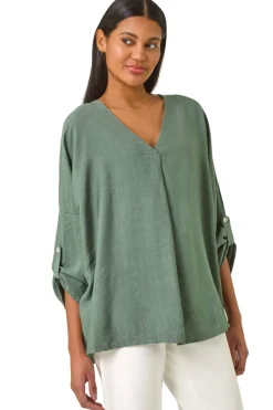 Roman Khaki Pleated V Neck Stretch Tunic Top