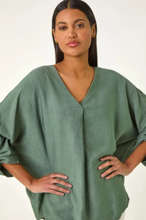 Roman Khaki Pleated V Neck Stretch Tunic Top