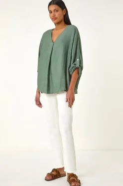 Roman Khaki Pleated V Neck Stretch Tunic Top