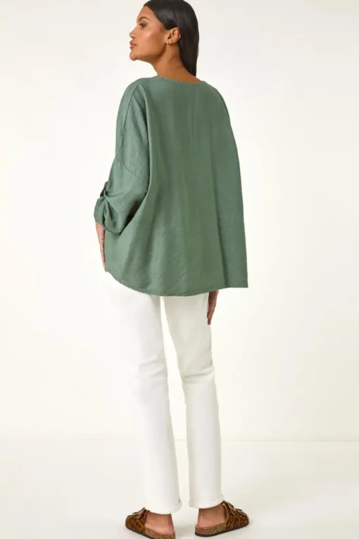 Roman Khaki Pleated V Neck Stretch Tunic Top