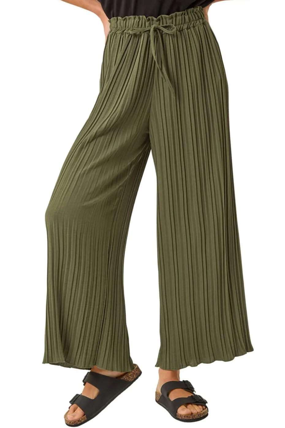 Roman Khaki Pleated Wide Leg Culottes