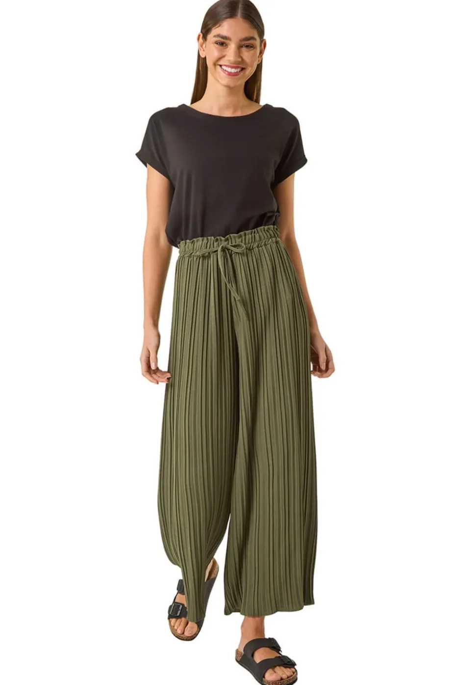 Roman Khaki Pleated Wide Leg Culottes