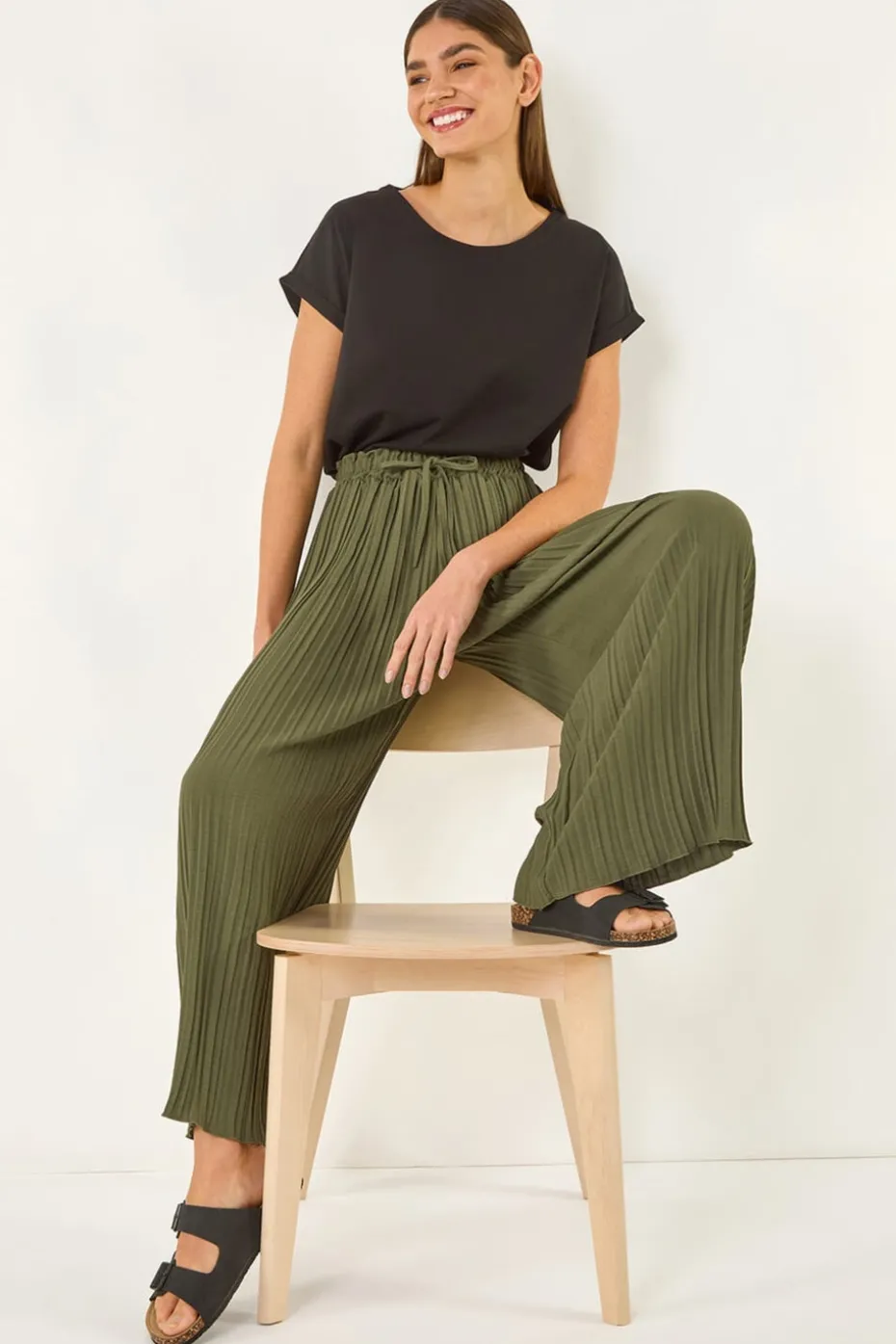 Roman Khaki Pleated Wide Leg Culottes