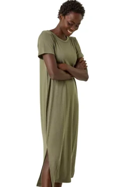 Roman Khaki Ribbed Stretch Midi Dress