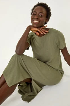 Roman Khaki Ribbed Stretch Midi Dress
