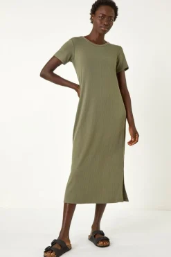 Roman Khaki Ribbed Stretch Midi Dress