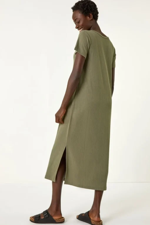 Roman Khaki Ribbed Stretch Midi Dress