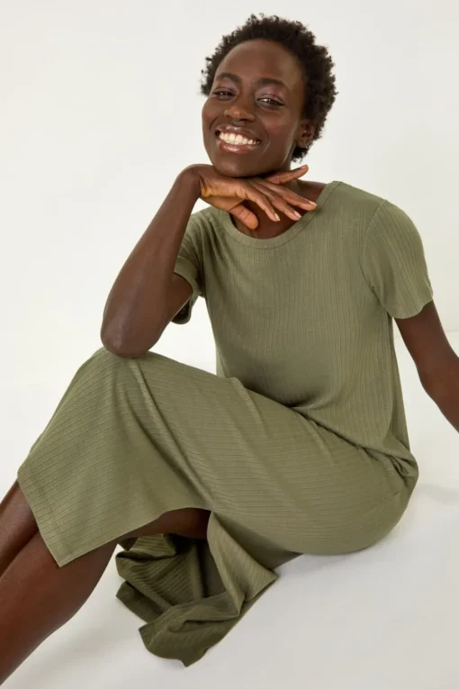Roman Khaki Ribbed Stretch Midi Dress