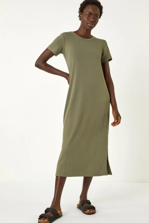 Roman Khaki Ribbed Stretch Midi Dress