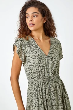 Roman Khaki Scribble Print Button Through Maxi Dress