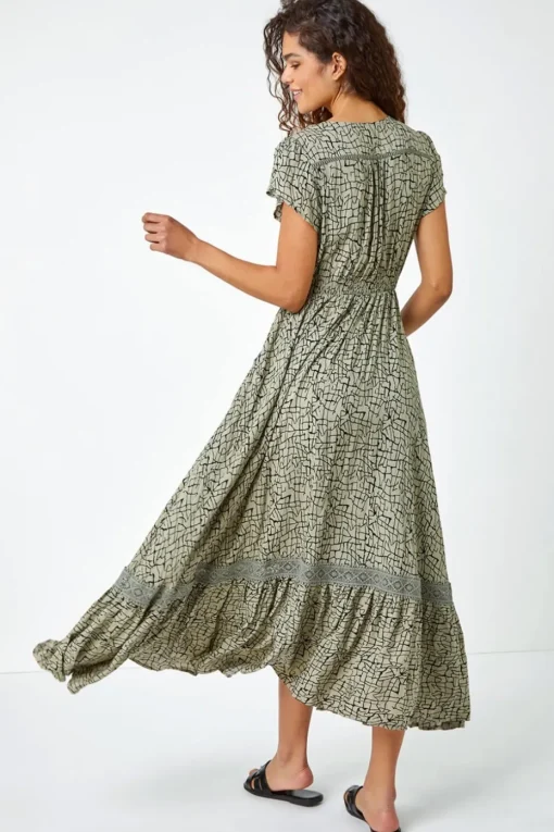 Roman Khaki Scribble Print Button Through Maxi Dress