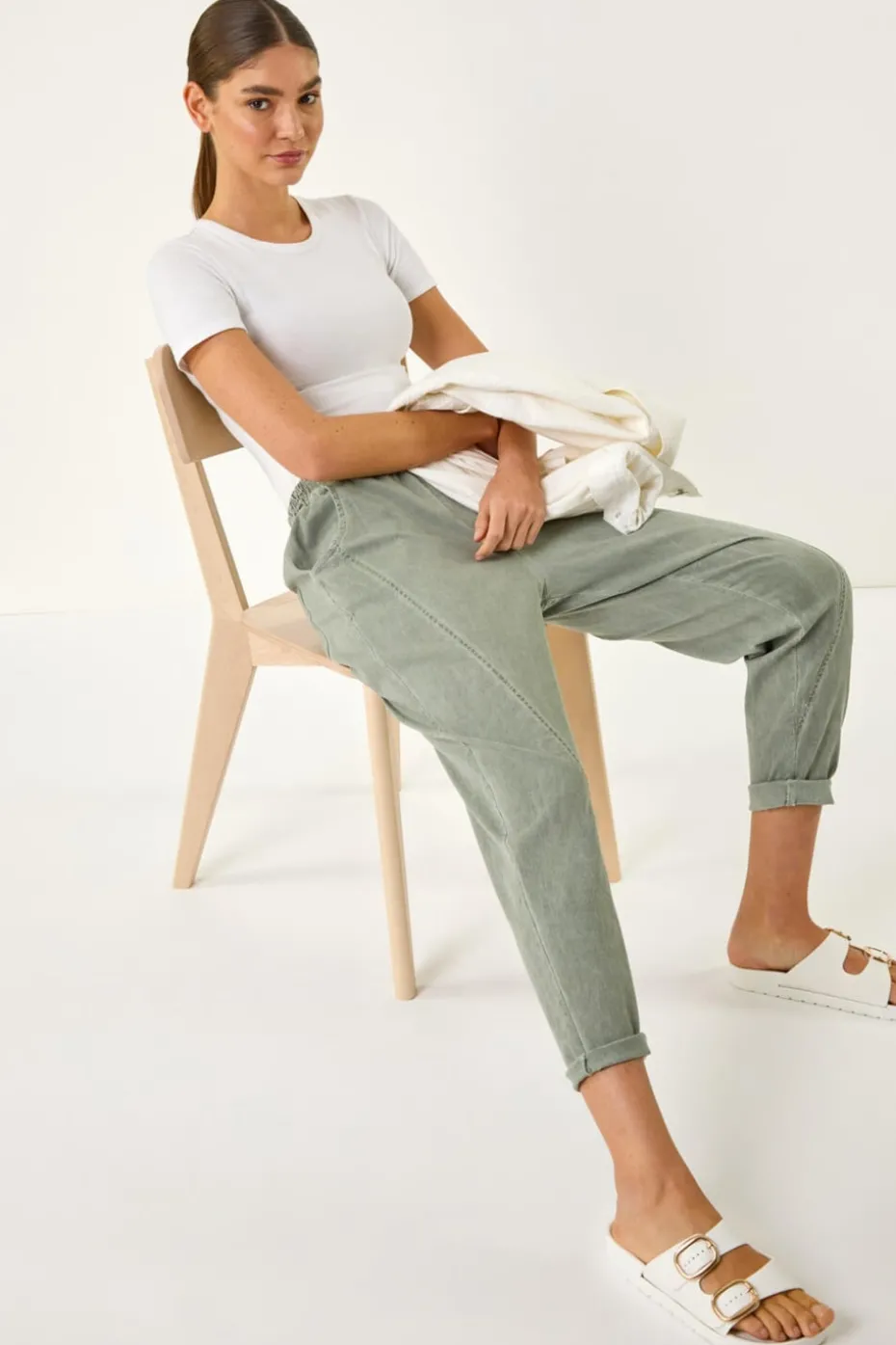 Roman Khaki Seam Detail Cropped Stretch Trouser