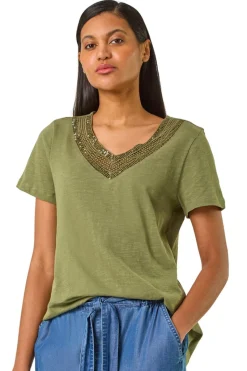 Roman Khaki Sequin Trim V Neck Stretch Top