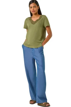 Roman Khaki Sequin Trim V Neck Stretch Top