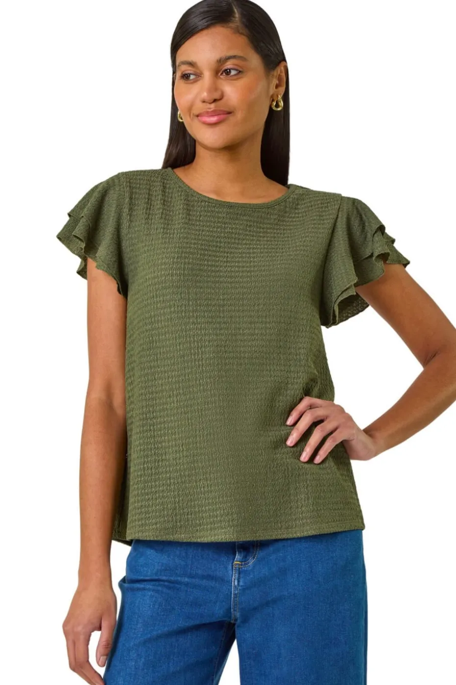 Roman Khaki Textured Frill Sleeve T-Shirt