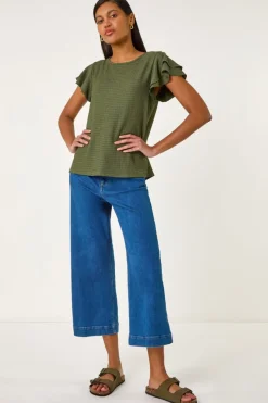 Roman Khaki Textured Frill Sleeve T-Shirt