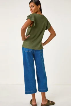 Roman Khaki Textured Frill Sleeve T-Shirt