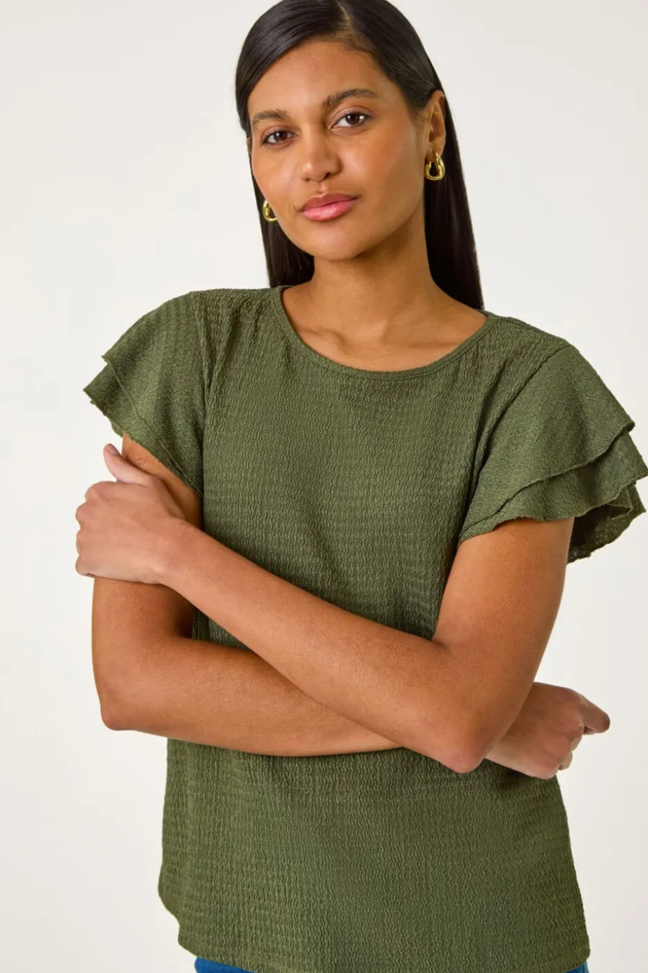 Roman Khaki Textured Frill Sleeve T-Shirt
