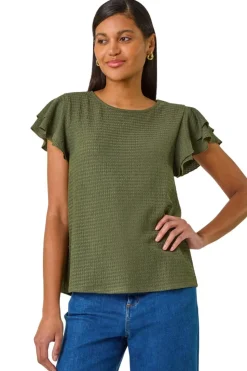 Roman Khaki Textured Frill Sleeve T-Shirt