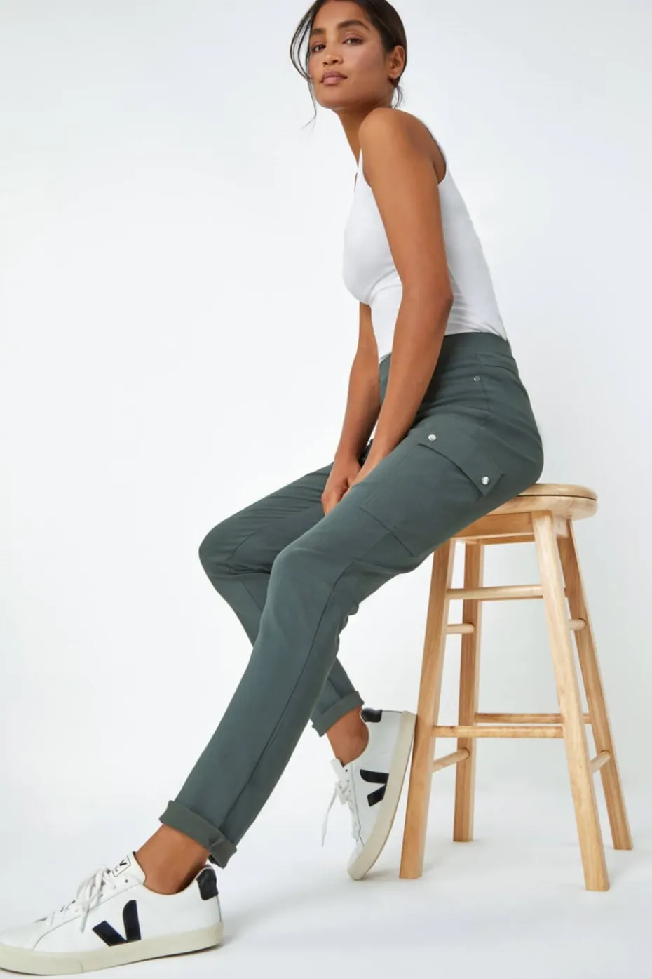 Roman Khaki Turn Up Stretch Cargo Trousers