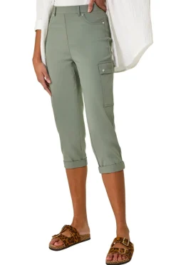 Roman Khaki Turn Up Stretch Cropped Cargo Trousers