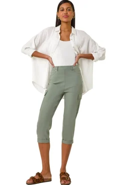 Roman Khaki Turn Up Stretch Cropped Cargo Trousers