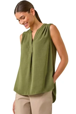 Roman Khaki V Neck Front Pleat Vest Top