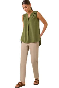 Roman Khaki V Neck Front Pleat Vest Top