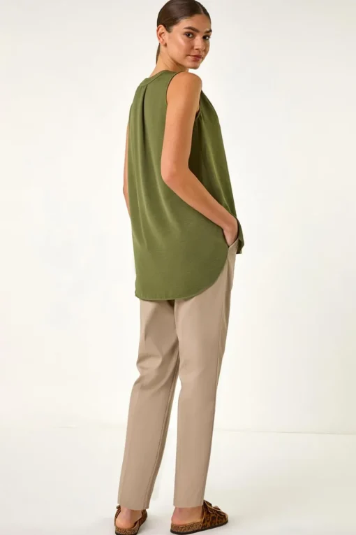 Roman Khaki V Neck Front Pleat Vest Top