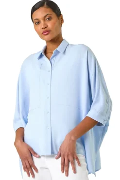 Roman Light Blue Boxy Relaxed Button Blouse