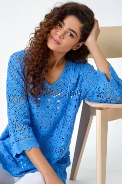 Roman Light Blue Cotton Crochet Tunic Top