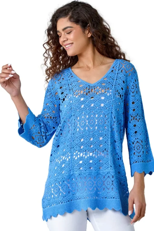 Roman Light Blue Cotton Crochet Tunic Top