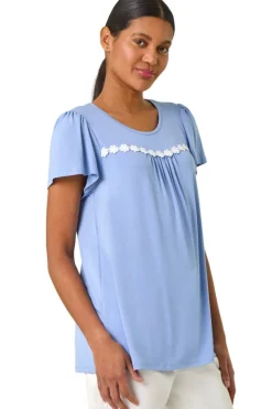 Roman Light Blue Daisy Trim Stretch Top