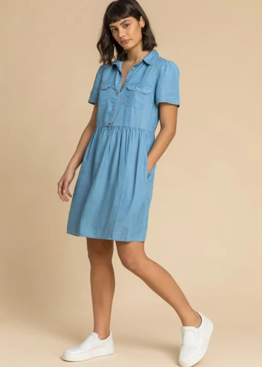 Roman Light Blue Denim Buttoned Shirt Dress