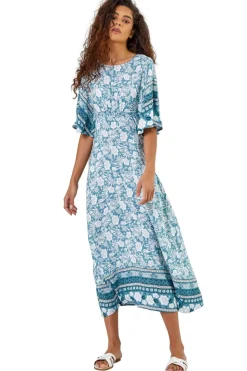 Roman Light Blue Floral Border Print Midi Dress