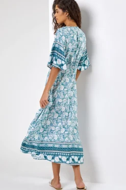 Roman Light Blue Floral Border Print Midi Dress