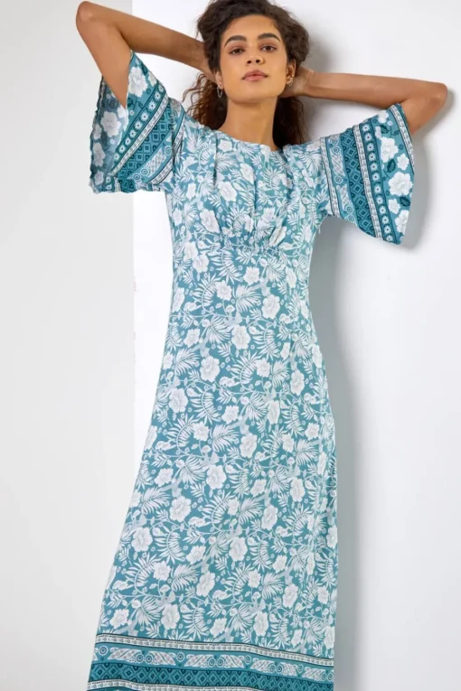 Roman Light Blue Floral Border Print Midi Dress
