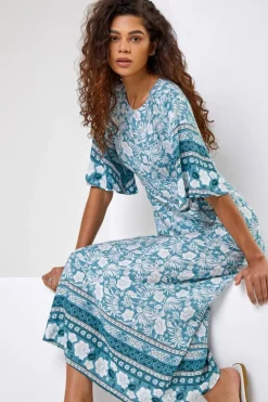 Roman Light Blue Floral Border Print Midi Dress
