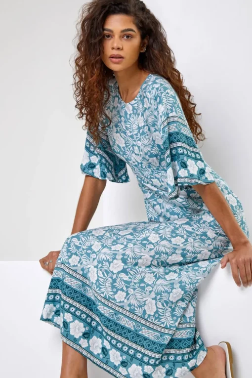 Roman Light Blue Floral Border Print Midi Dress