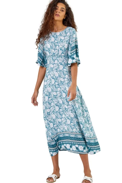 Roman Light Blue Floral Border Print Midi Dress