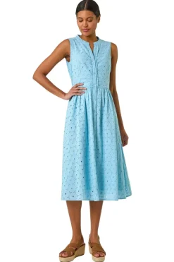 Roman Light Blue Floral Cotton Broderie Midi Dress