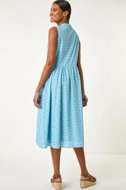 Roman Light Blue Floral Cotton Broderie Midi Dress